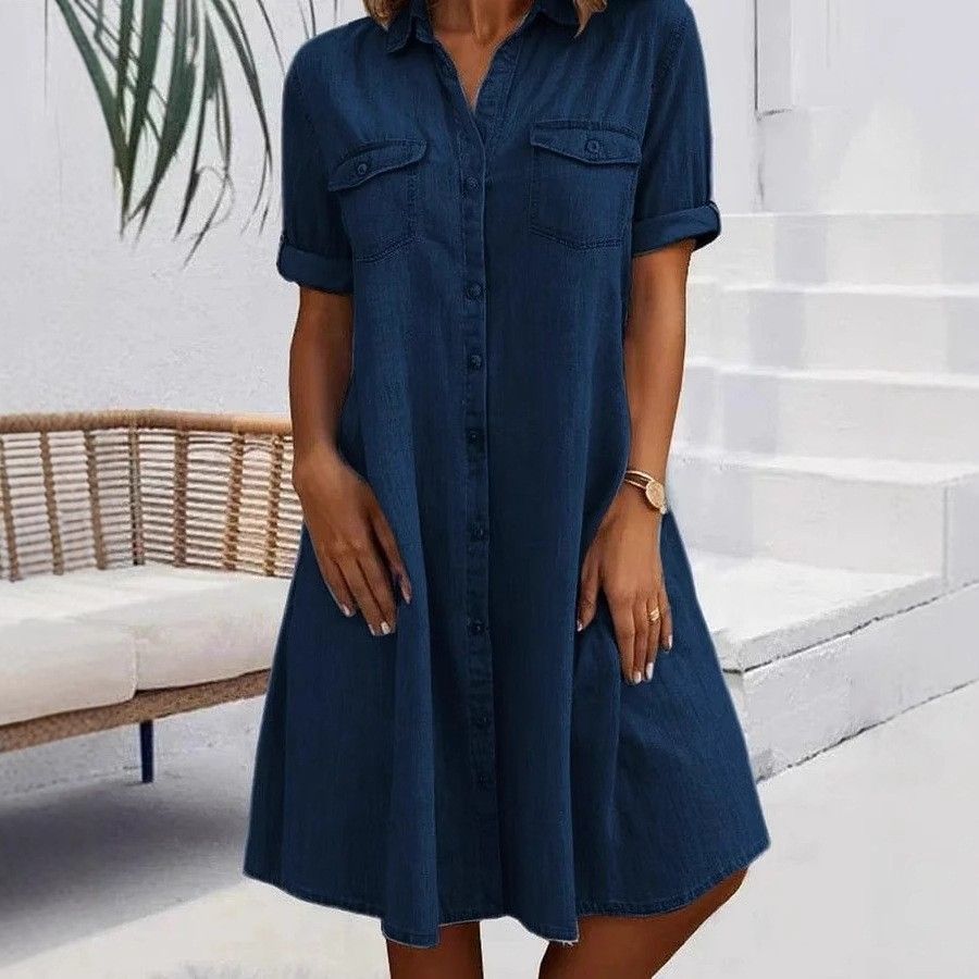 Women's Clothing Denim Dress Solid Color Plus Size Dress Plus Size Denim Dress – Oversized Cotton Shirt Dress (Light Blue, Dark Blue, Black)_mkmklike.com