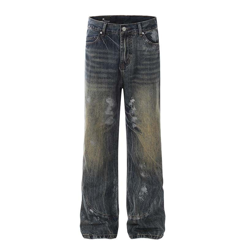 High Street Vintage Splatter Wash Jeans – Men’s Distressed Bell-Bottom Trousers, 90s Grunge Wide-Leg Denim, Mud-Dyed Retro Streetwear Pants_mkmklike.com