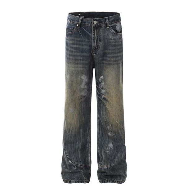 High Street Vintage Splatter Wash Jeans – Men’s Distressed Bell-Bottom Trousers, 90s Grunge Wide-Leg Denim, Mud-Dyed Retro Streetwear Pants_mkmklike.com