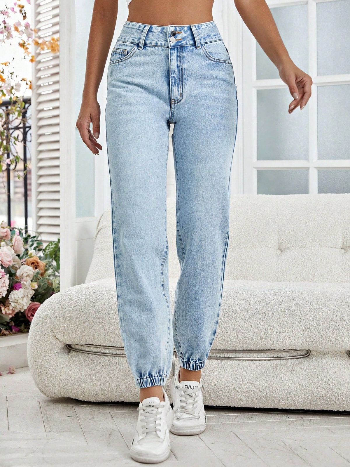 Women's Slim Fit Straight Leg Jeans – Classic Blue Denim Pants – High Waist Cotton Trousers_mkmklike.com