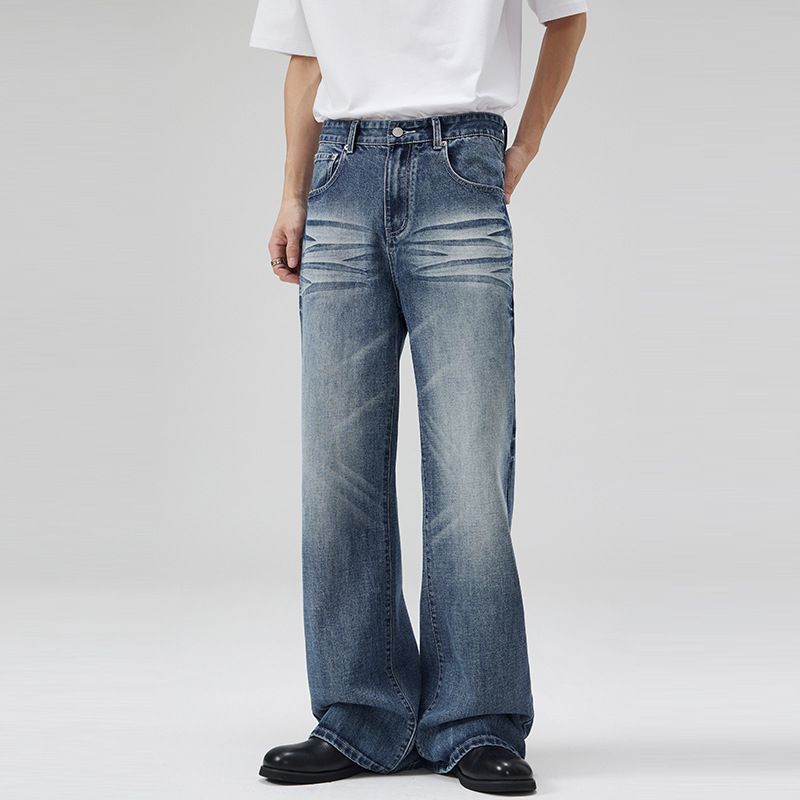 Retro Washed Blue Flared Jeans For Men & Women – Vintage Distressed Denim With Cat Whisker & Ripple Effects_mkmklike.com