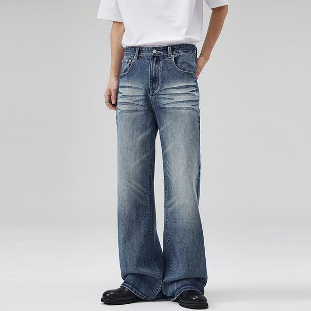 Retro Washed Blue Flared Jeans For Men & Women – Vintage Distressed Denim With Cat Whisker & Ripple Effects_mkmklike.com