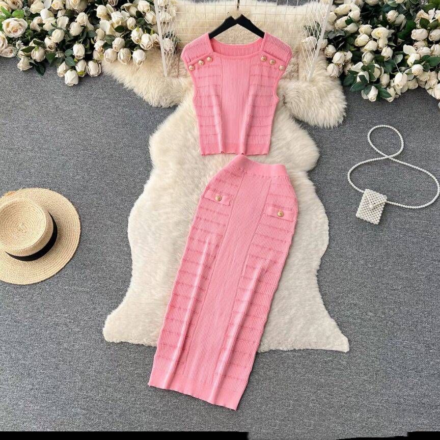 Women's Clothing sleeveless tops all match high waist skirt temperament lady style two piece suit_mkmklike.com