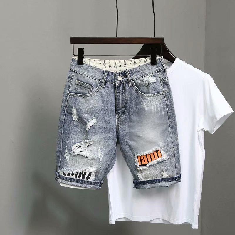 Men's Clothing Hole Patch Printed Frayed Denim Slim Fit Shorts_mkmklike.com