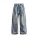 Men's Clothing Retro Washed Old Double Pleated Jeans Trendy Loose Baggy Wide Leg Mopping Casual Trousers_mkmklike.com