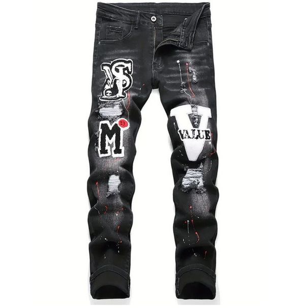 Autumn New Trendy Men's Jeans Printed Slim Fit Elastic Small Leg Mid Waist Pants_mkmklike.com