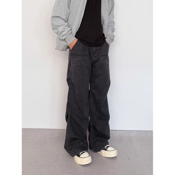 Men's Loose Wide Leg Pleated Jeans Casual Mid Waist Cotton Trousers Black Washed Dark Pocket Cargo Design Spring Autumn_mkmklike.com