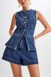 European And American Style Summer Women's Denim Two Piece Set Fashionable Casual Sleeveless Denim Crop Top + High-waisted Denim Shorts Women's Suit_mkmklike.com
