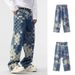 Men's Clothing Printed Jeans Autumn Checkerboard Loose Wide Leg Straight Casual Trousers_mkmklike.com