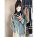 Women's Blue Denim Jacket - Vintage Workwear Style With Princess Touch, Casual Long Sleeve U-Neck Coat For Spring & Autumn_mkmklike.com