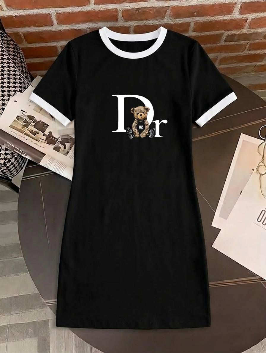 Women's Color Block Letter Print Dress - Casual Short Sleeve Summer Shift_mkmklike.com