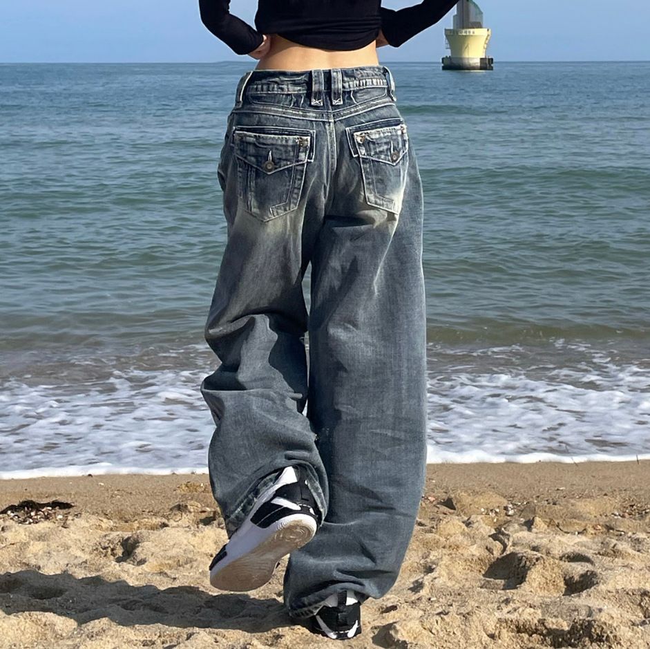 Women's Clothing Retro Style Jeans Women's Wide Leg Pants Old Ins Style Mopping Trousers_mkmklike.com