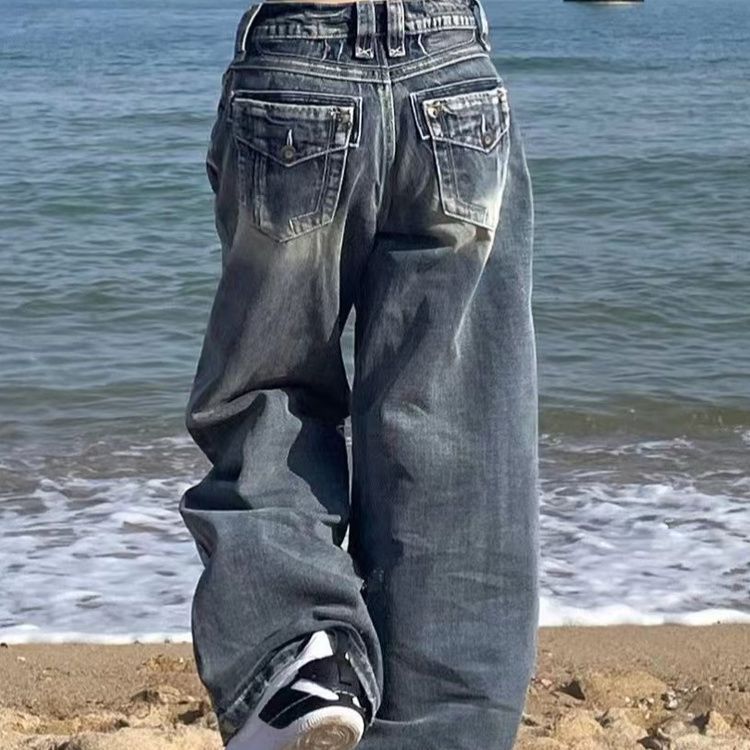 Women's Clothing High Street Washed Distressed Black And Gray Straight Jeans For Women Retro Hip Hop Trendy Brand Early Autumn Wide Leg Trousers_mkmklike.com