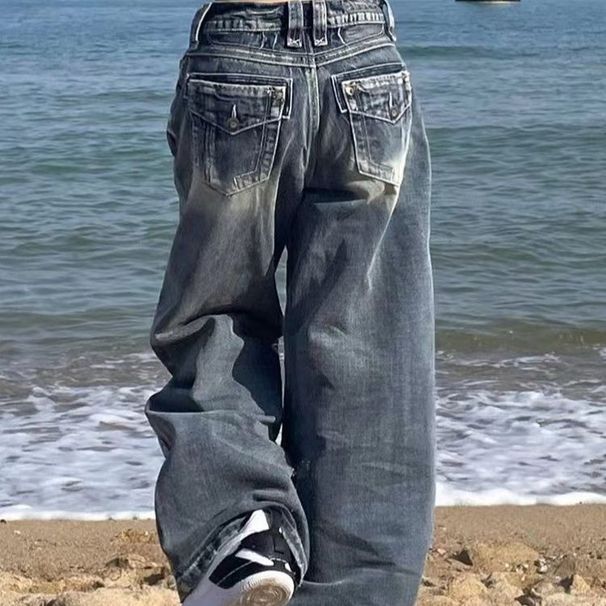 Women's Clothing High Street Washed Distressed Black And Gray Straight Jeans For Women Retro Hip Hop Trendy Brand Early Autumn Wide Leg Trousers_mkmklike.com