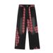 Irregular Patchwork Jeans For Men, Trendy Brand With Bow Belt Design, Niche Plaid Straight-Leg Pants_mkmklike.com