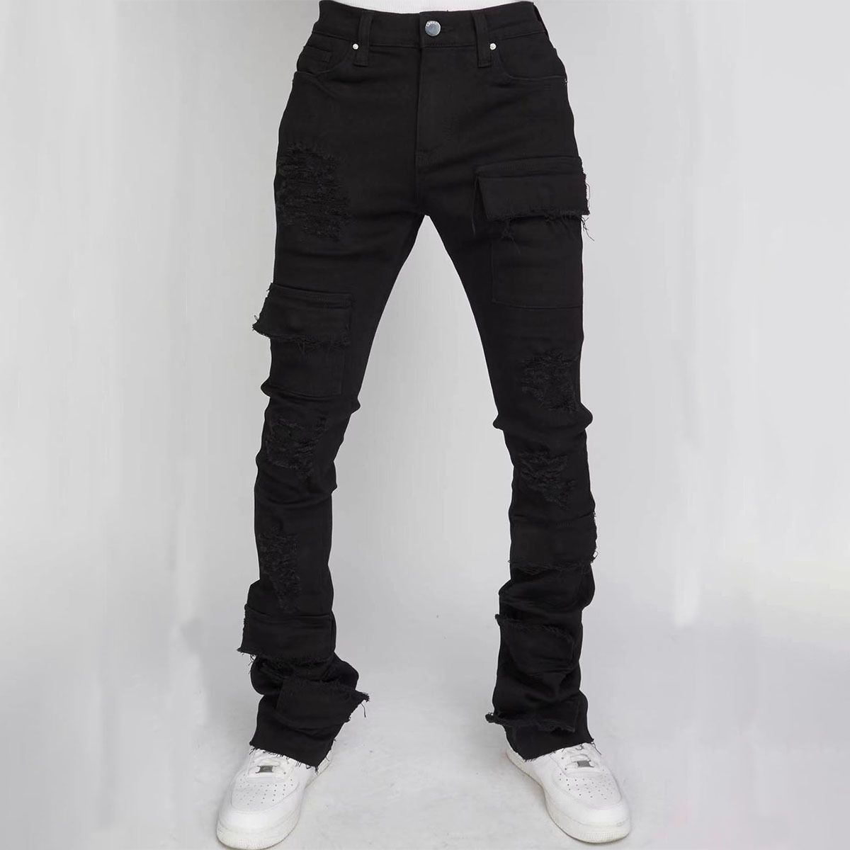Cargo Straight European And American Fashion Ins Hot Style Stretch Ripped Denim Layered Flared Men's Pants_mkmklike.com