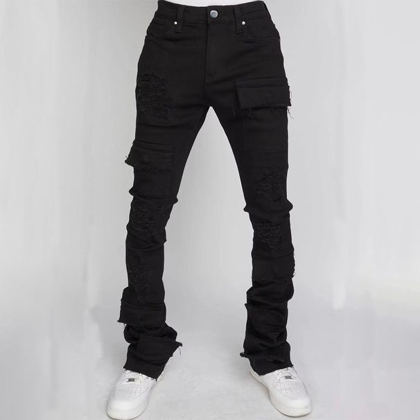 Cargo Straight European And American Fashion Ins Hot Style Stretch Ripped Denim Layered Flared Men's Pants_mkmklike.com