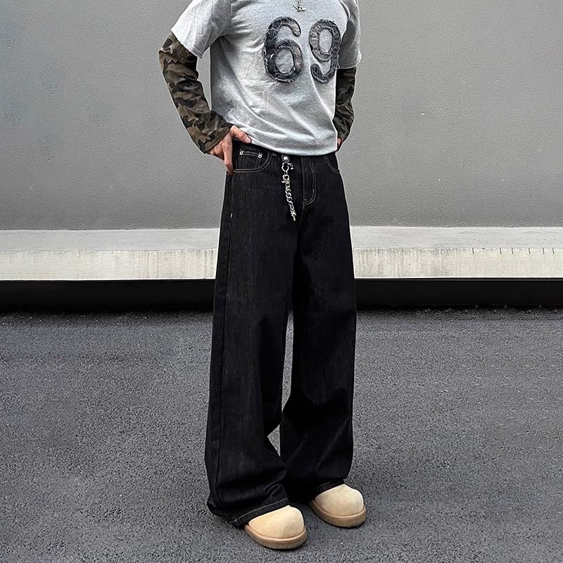 Men's Clothing Vintage American Style Wide Leg Denim Jeans For Men - Relaxed Fit Straight Leg Stretch Comfort Casual Trousers (Black, S-3XL)_mkmklike.com
