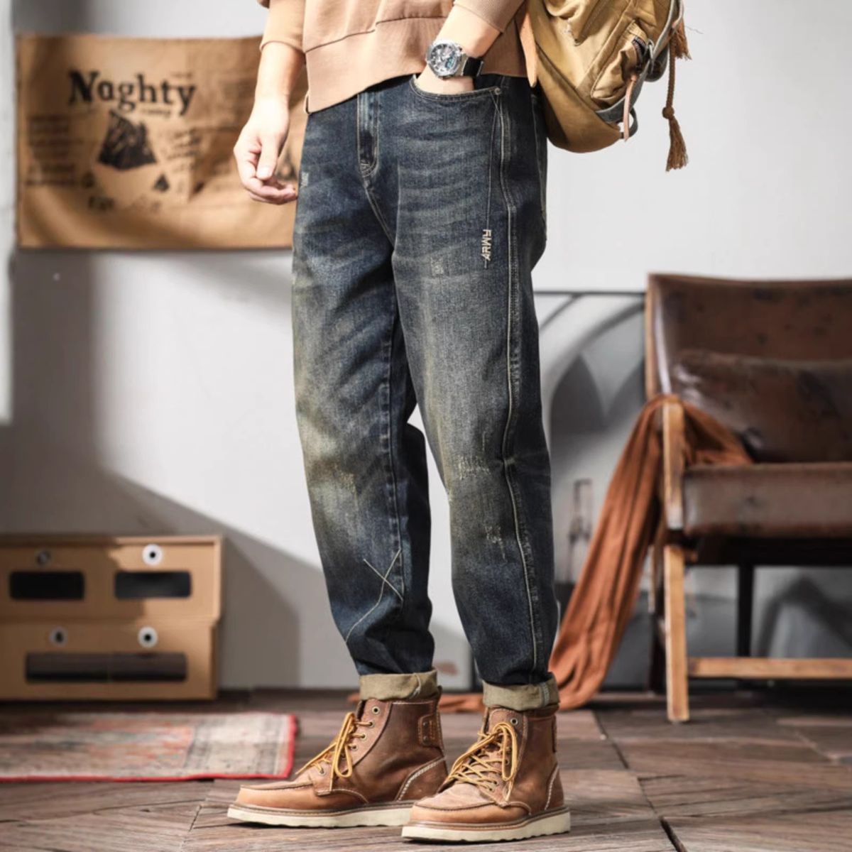 Men's Clothing Loose Fitting Men's Stretchy Jeans Plus Size Straight Leg Casual Retro Harem Style For Spring And Autumn_mkmklike.com