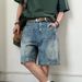 Men's Unique Design Irregular Pockets Five Inch Denim Shorts Retro Style Loose Fit Straight Leg Cargo Shorts_mkmklike.com