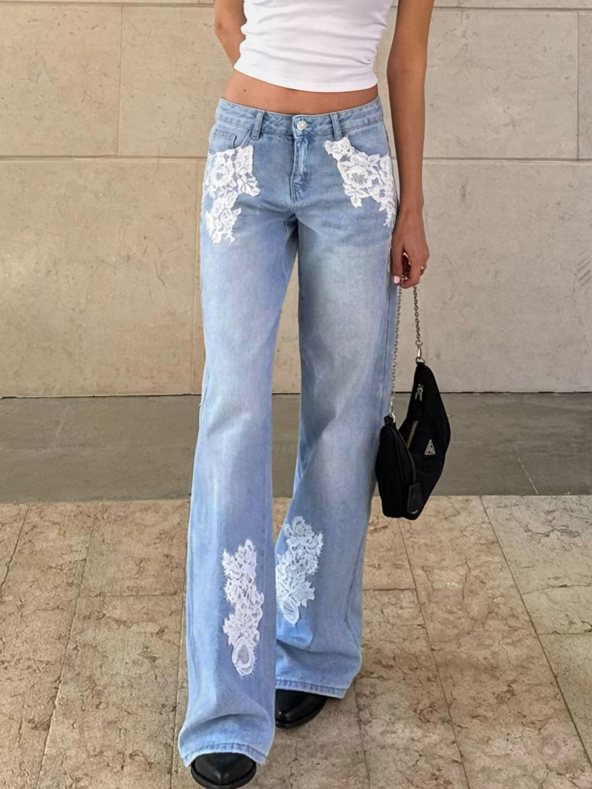 Light Blue Washed Wide Leg Jeans for Women High Waist Lace Pocket Gentle Style Loose Fit Floor Length NY1021_mkmklike.com