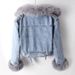 Women's Detachable Faux Fox Fur Lined Denim Jacket - Short Coat With Bunny Fur Collar, Slim Fit, Casual & Elegant Style_mkmklike.com