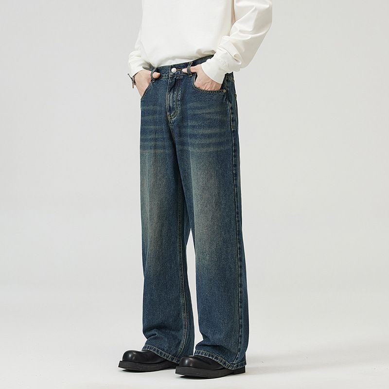 Men's Clothing Straight Half Elastic Waist Jeans Washed Vintage Wide Leg Long Pants_mkmklike.com
