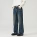 Men's Clothing Straight Half Elastic Waist Jeans Washed Vintage Wide Leg Long Pants_mkmklike.com