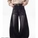 Unisex High Street Loose Fitting Casual Wide Leg Jeans Black Curved Blade Distressed Retro Whiskering Design_mkmklike.com