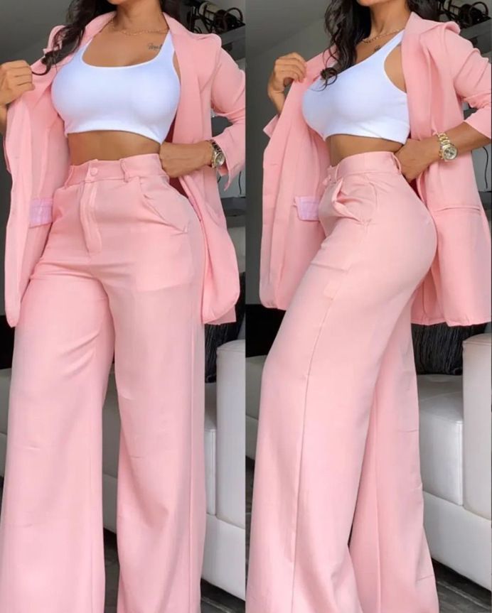 Women's clothing, elegant and solid color split sleeve lapel suit with pockets and straight pants suit_mkmklike.com