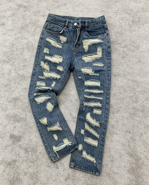 Men's Clothing Retro Heavy Industry Damage Erosion Patch Design Jeans High Street Hole Cleanfit Pants_mkmklike.com