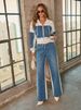 Women's Trendy Patchwork Beaded Denim Two Piece Set Casual Wide Leg Suit Loose Fit_mkmklike.com