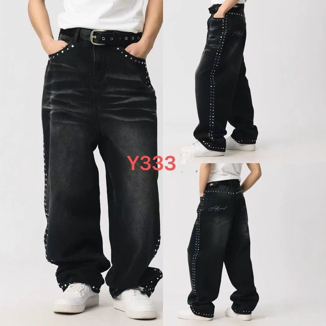 "Men's Vintage Distressed Denim Jeans – Loose Fit High-Street Embroidery Pants (L-XXXL, Black Washed)"_mkmklike.com