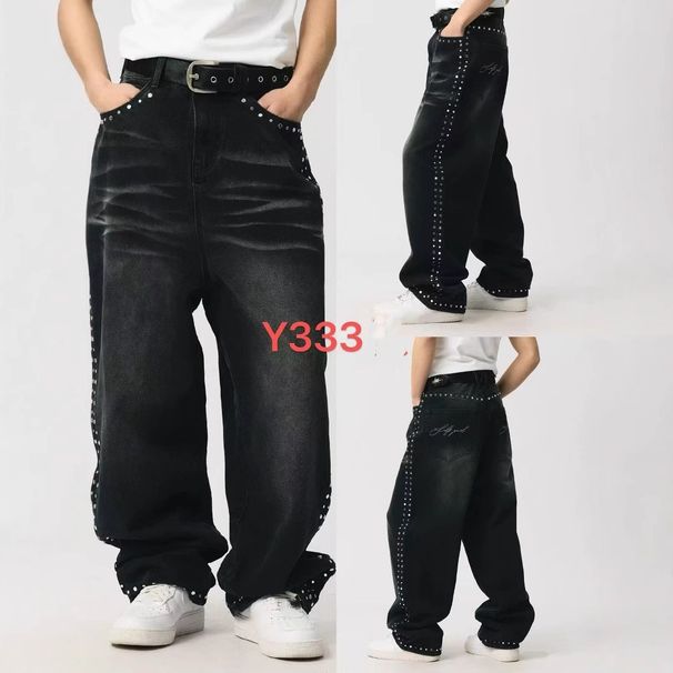 "Men's Vintage Distressed Denim Jeans – Loose Fit High-Street Embroidery Pants (L-XXXL, Black Washed)"_mkmklike.com