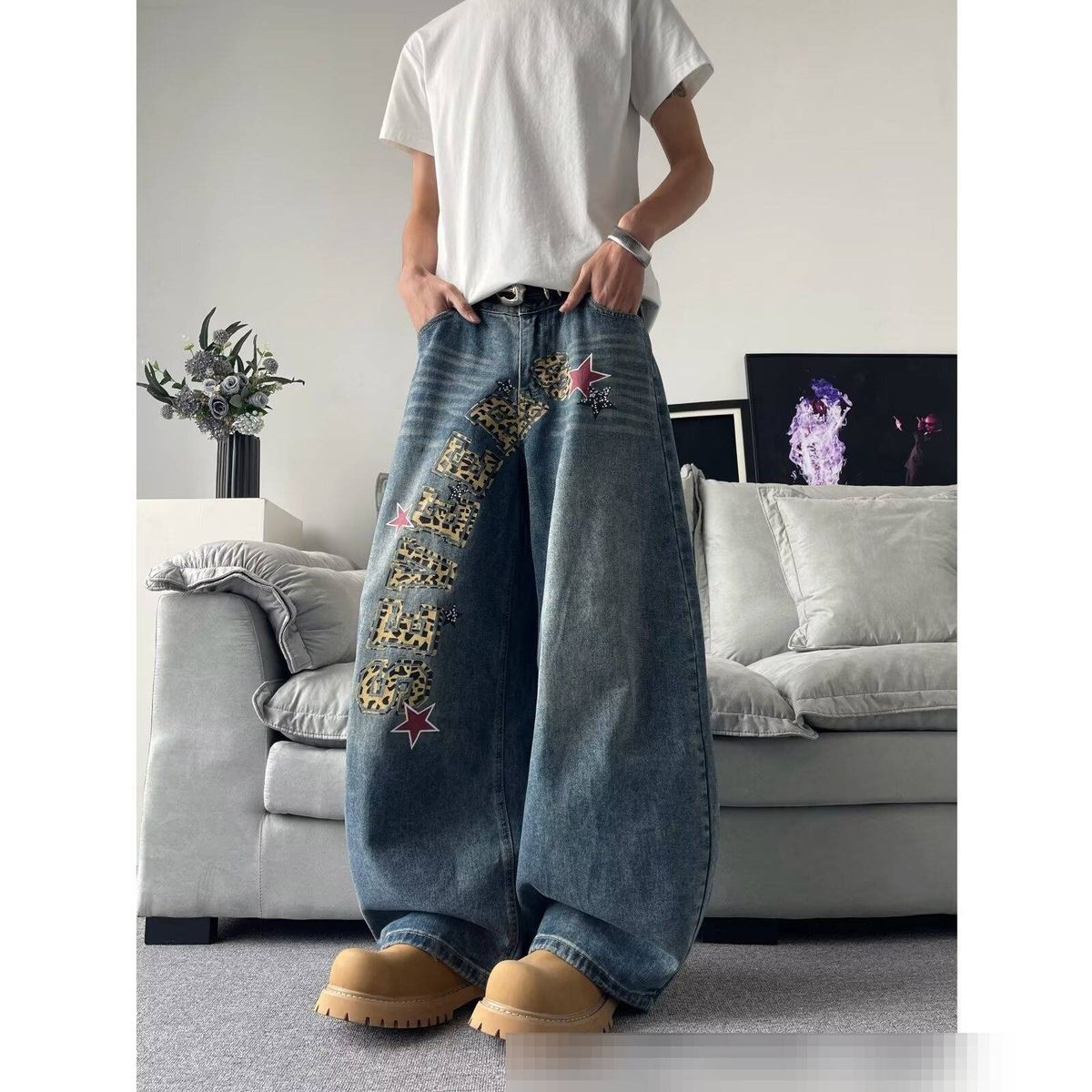 Men's High Waist Hip Hop Casual Jeans Loose Fit Denim Embroidery Street Fashion Direct Sales_mkmklike.com