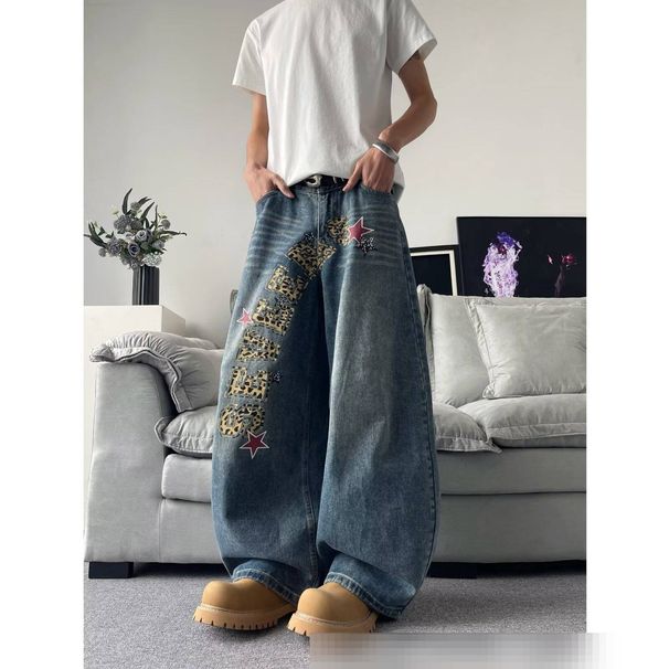 Men's High Waist Hip Hop Casual Jeans Loose Fit Denim Embroidery Street Fashion Direct Sales_mkmklike.com