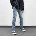 Men's Washed Slim Fit Straight Leg Jeans Light Blue Versatile Layered Casual Pants High Street Style Slightly Stretch_mkmklike.com