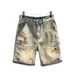 Men's Summer Denim Shorts Retro Style With Large Hole Elastic Loose Slim Straight Patch Detailing_mkmklike.com