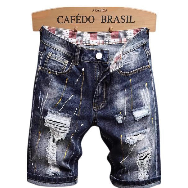 Men’s Ripped Denim Shorts – American Streetwear Style, Slim Fit, Distressed Five-Point Design (Navy Blue/Black, S-2XL)_mkmklike.com