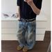 Men's Trendy Loose Straight Leg Jeans High Street Style Vibe American Retro Washed Distressed Curved Trousers_mkmklike.com