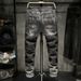 Suitable For All Seasons New Men's Slightly Stretch Jeans Black Ripped Trendy Slim Fit Skinny Wrinkled Patchwork Motorcycle Pants_mkmklike.com
