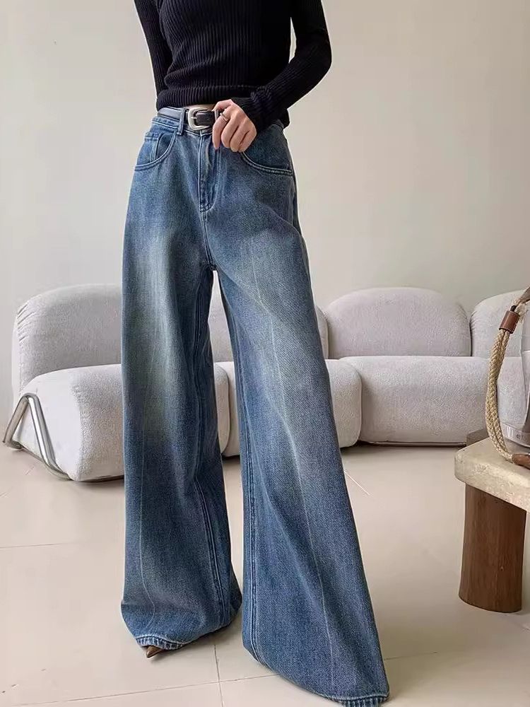 K Casual Jeans Women's Straight Leg Loose Long Pants. No Belt Or Other Accessories_mkmklike.com