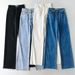 Women's Clothing Floor Length Raw Edge Denim Trousers High Waisted Loose Slim Straight Leg Wide Leg Jeans _mkmklike.com
