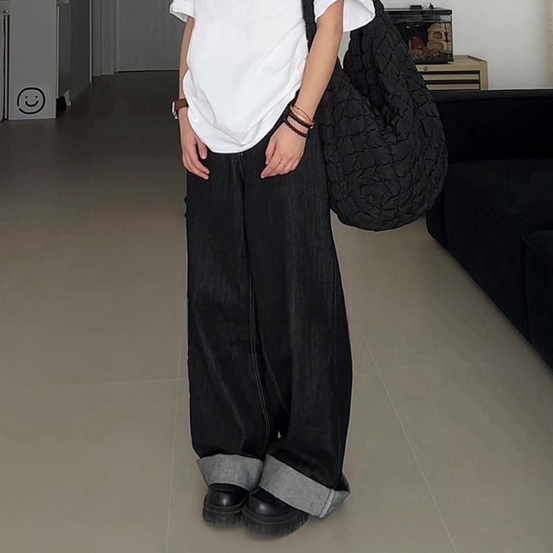 Unisex Retro Wide Leg Jeans Relaxed Style Straight Leg Floor Length Trousers For Couples Niche Design_mkmklike.com