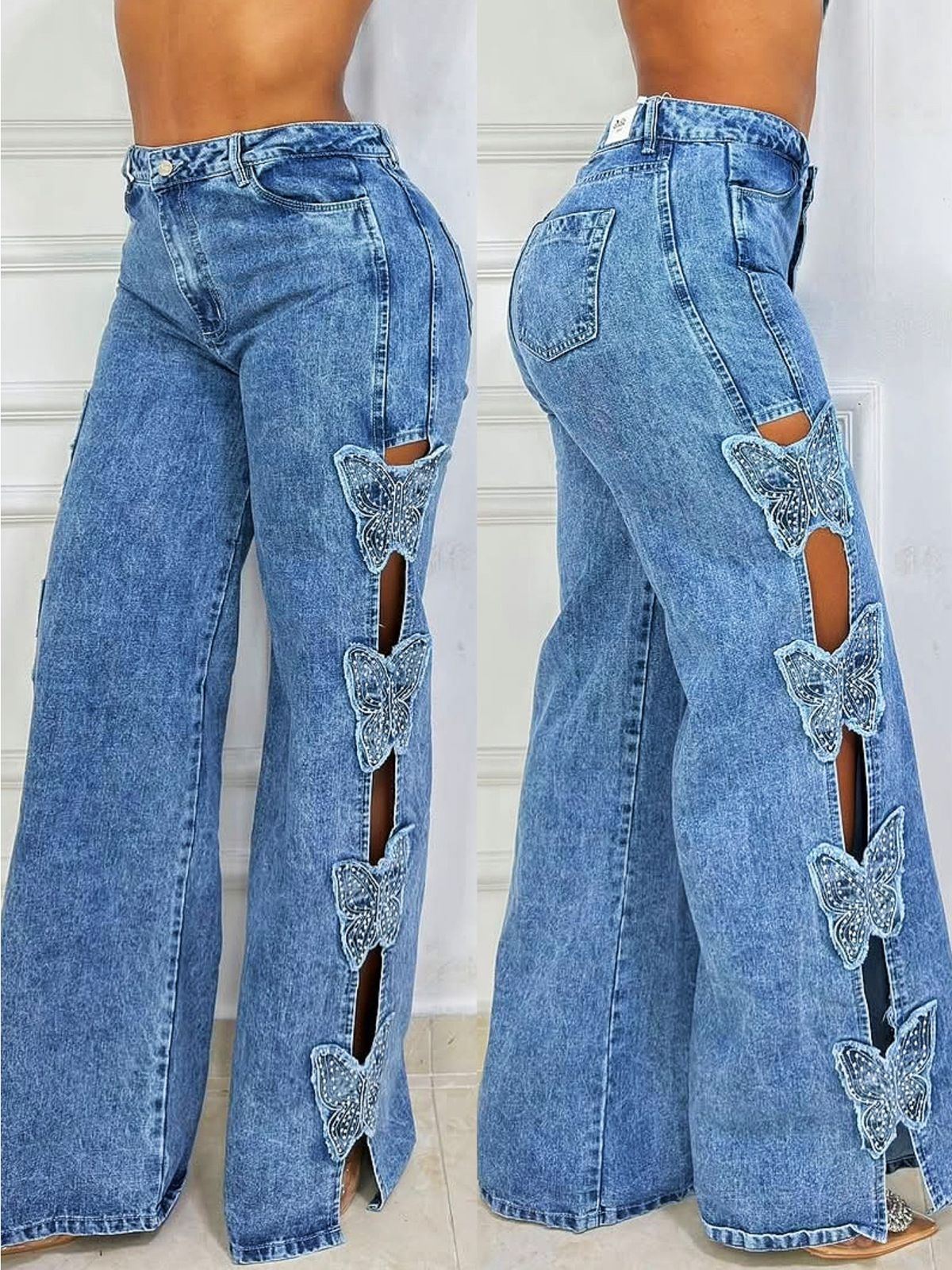 Women's Straight Leg Denim Jeans European Size Bow Hollow Detail Relaxed Everyday Wear Versatile Comfortable Feshion Trend_mkmklike.com