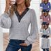 Women's Clothing Autumn and Winter New Solid Color Long Sleeve Lace V neck T shirt Women's Tops_mkmklike.com