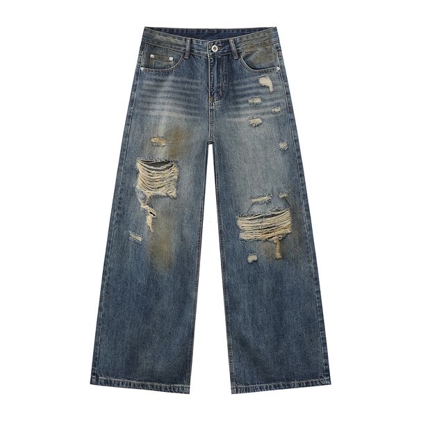 Men's Clothing Four Seasons Distressed Fashion Dirty Dyed Retro Wide Leg Jeans Casual_mkmklike.com