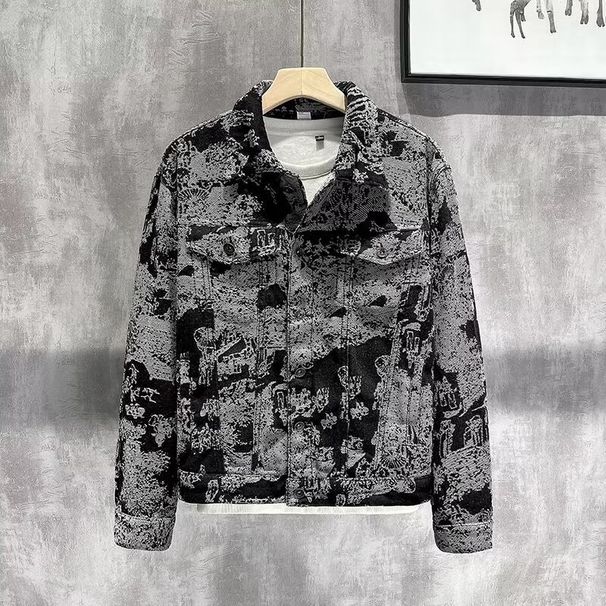 Men's Casual Camouflage Print Denim Jacket With Workwear Collar - Relaxed Fit Vintage Washed Coat For Streetwear & Outdoor (Black/Blue)_mkmklike.com