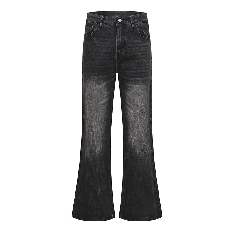 Men's Clothing Retro Washed Whiskered Straight Leg Flared Jeans, Unisex Trendy Loose Fit Versatile Long Pants_mkmklike.com
