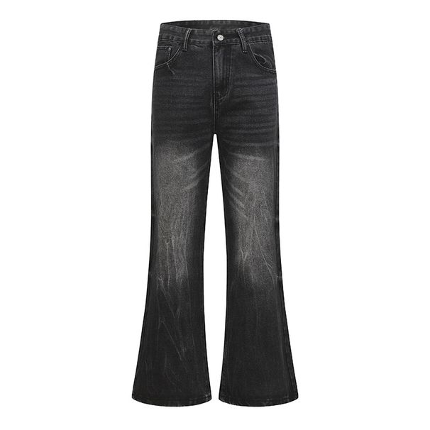 Men's Clothing Retro Washed Whiskered Straight Leg Flared Jeans, Unisex Trendy Loose Fit Versatile Long Pants_mkmklike.com